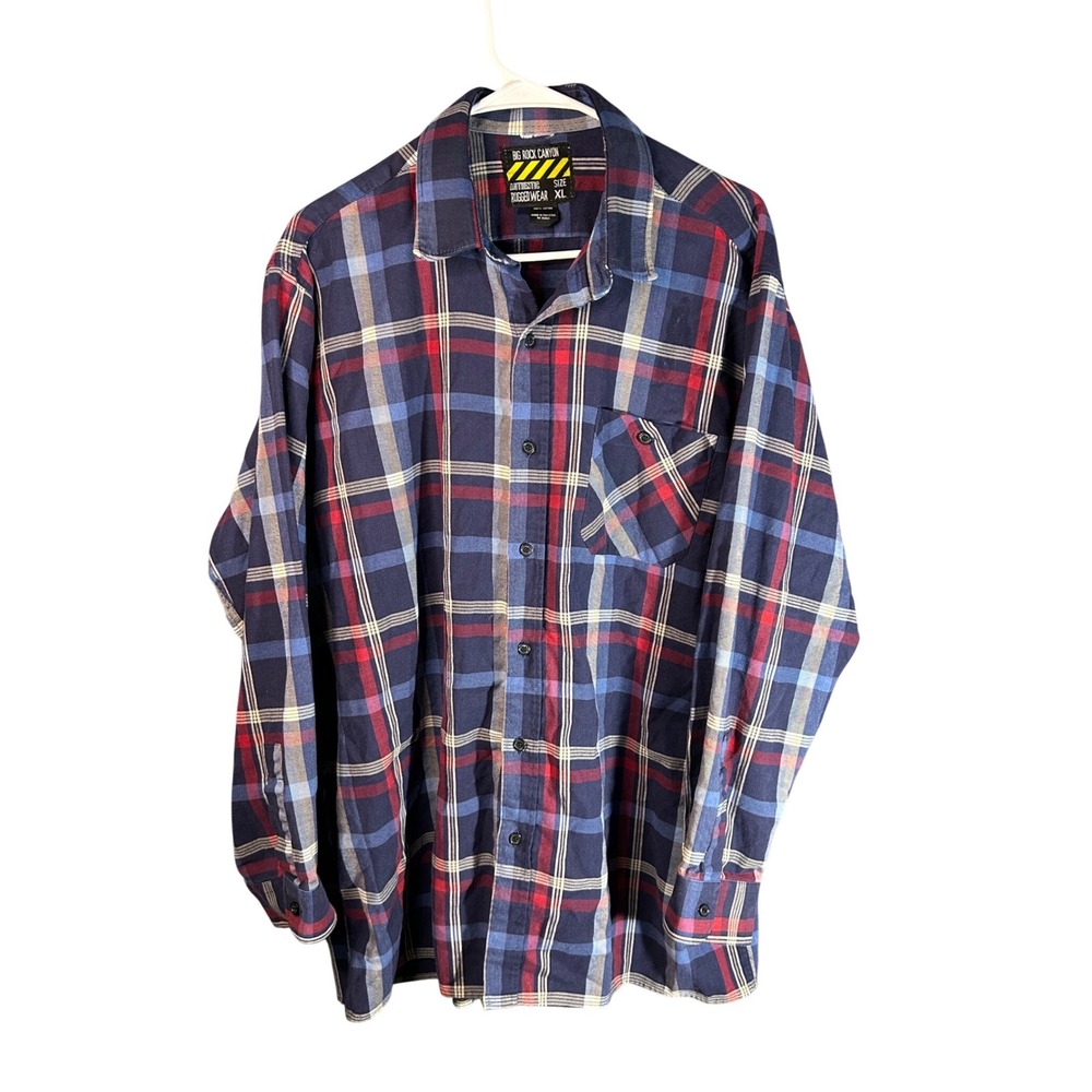 Big Rock Canyon Mens XL Plaid‎ Flannel Shirt Navy Blue Red Rugged Wear Cotton